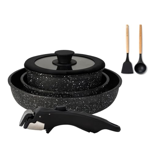 BOREINE Juego de Ollas y Sartenes 7 Piezas, Batería de Cocina Antiadherente, Mango Desmontable,...