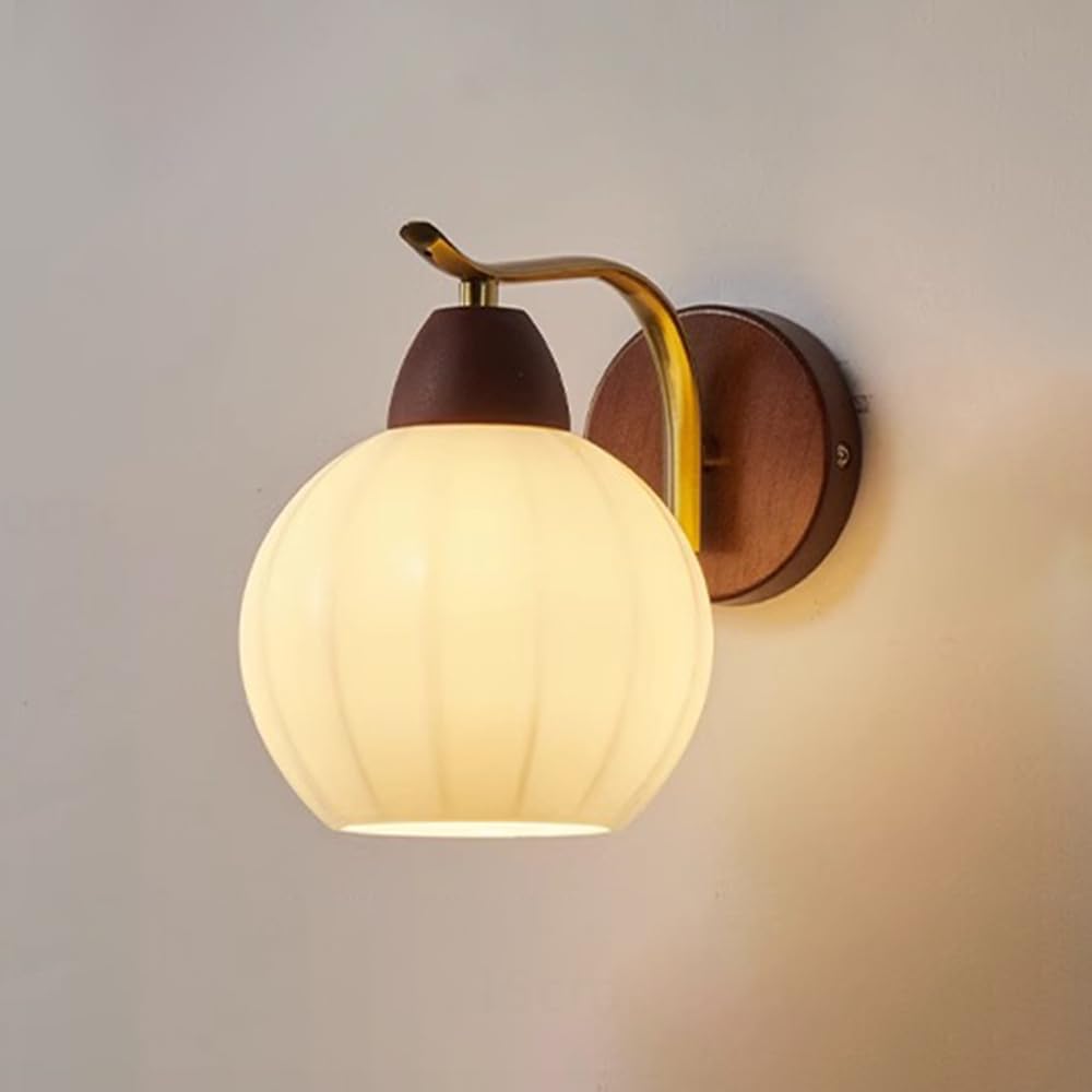 SXECAEPS Retro Wall Sconce Bedroom Bedside Mount Light with Glass Shade, Hardwired Walnut Wood Lamps for Living Room Hallway Solid Lightng Fixture