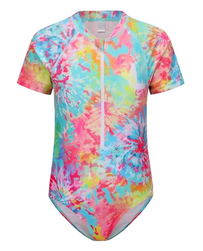 Girls One Piece Rash Guard Swimsuits for Kids Girls Short Sleeve Bathing Suits with Front Zipper Swimwear 3-16 Years