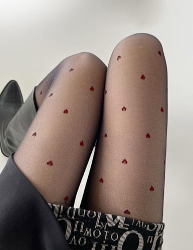 Red Heart Patterned Black Tights for Women, 20 Denier Nylon Sheer Tights, Red Heart, S-XL2