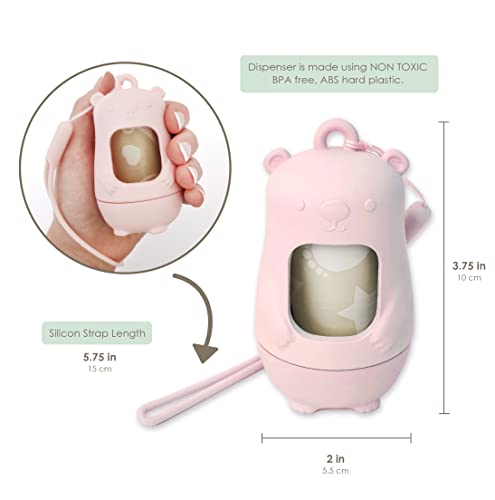 Teddy Bear Diaper Bag Dispenser | Diaper Trash Bags on the Go Dispenser w/Silicon Strap | 15 UNSCENTED Baby Poop Bags per Roll | Dirty Diaper Bags Disposable | Diaper Waste Bags (ROSIE PINK) - Thumbnail 2