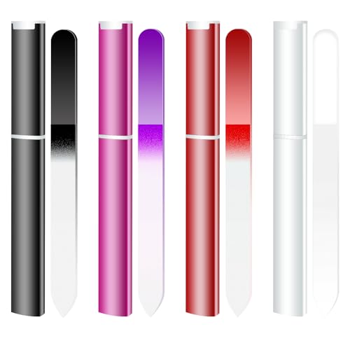 WOKOTO 4 Pcs Crystal Glass Nail Files with Case for Natural Nails, Professional Glass Emery Boards Double-Sided Glass File for Women Adults Fingernail Files Nail Buffer (Black,Purple, Red, Silver)