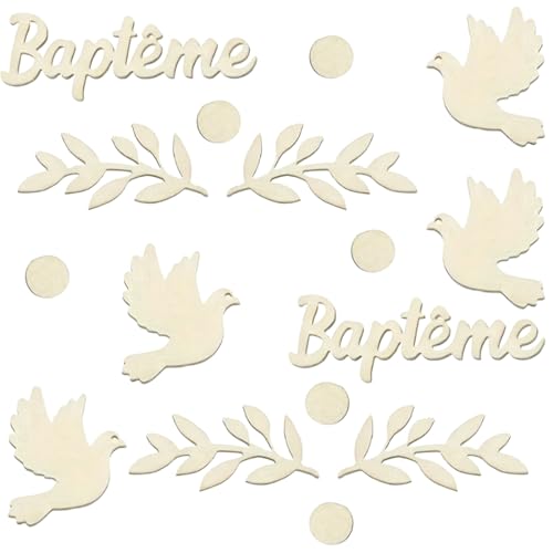 KIRZAX 80 PCS Confeti Madera Comunión,Decoración para Bautizo,Decoración de Fiesta de Bebé,Paloma Cruzado Hojas Círculo,para Baby Shower Comunión Bautizo Decoración Fiesta