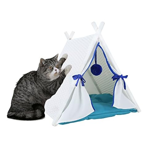 Baner Garden P516 Cat House Tower Rattan Wicker Portable Furniture Tent Playpen with Soft Cushion, White Rattan and Blue Cushion Cover