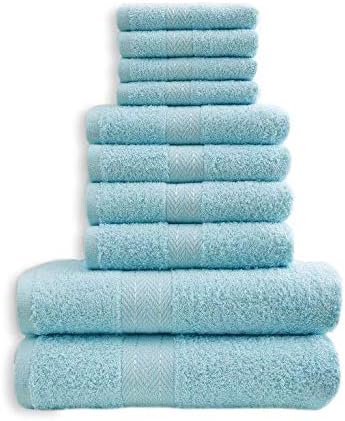 10 Pcs Bale 100% Cotton Towel Set HOTEL QUALITY 2 Bath Towels, 4 Hand Towels, 4 Face Towel Bathroom Accessories(Aqua)
