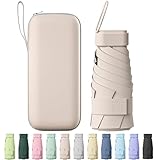 FWHFNB Mini Regenschirm,6 Rippen Mini Regenschirm,Tragbarer Reiseschirm mit Kapselhülle,UV-Schirm,kleiner kompakter,Taschenschirm für Männer und Frauen (Beige)