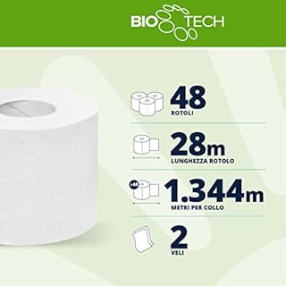 Papernet Bio Tech - Carta Igienica 411170, 48 Rotoli (4 Rotoli per Confezione), Pura Cellulosa, Biodegradabile, 2 Veli, Lunghezza 27,5 m, 250 Strappi, Fascettati Singolarmente