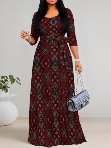 Image of PinkPatty Plus Size Maxi Dress for Women Casual V Neck 3 /4 Sleeve Boho Printed Long Dress with Pockets