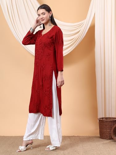 Image of POSHAK CHIKAN STUDIO Women's Hand Embroidered Lucknowi Chikankari Modal Straight Long Kurta, heer