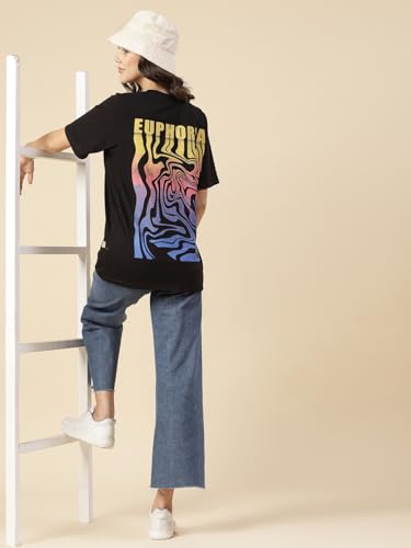 Image of Rigo Back Printed Half Sleeves Round Neck Oversized T-Shirt for Women | Drop Shoulder T-Shirt for Women | Loose Baggy Fit T-Shirt for Women /Girls