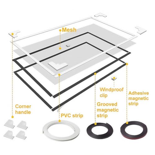 VKX Strong Magnetic DIY Window Screen, Fiberglass Mesh, White Frames, Grey Mesh, 59"x39"