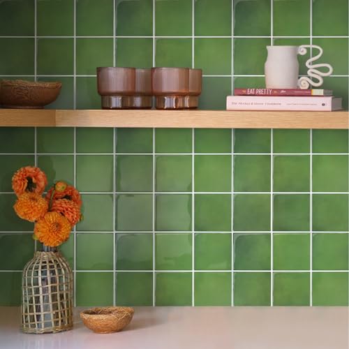 Commomy Thicker Green Peel and Stick Tiles- 10 pcs of 12" x 12" - 3D Adhesive Square Peel and Stick Tiles Backsplash for Kitchen, Bathroom, Removable, Waterproof, Vinyl Wall Tile