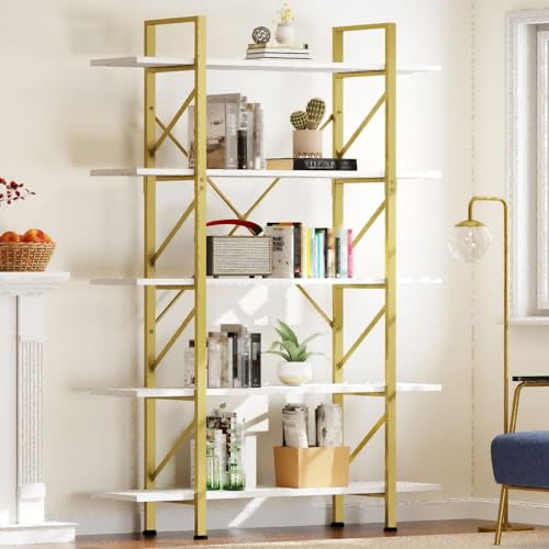 DWVO 5 Tier Gold Bookshelf, 70.9" Tall Book Shelf and Bookcase, Vintage Large Open Storage Rack Shelves for Living Room/Bedroom/Home/Office, Gold & White