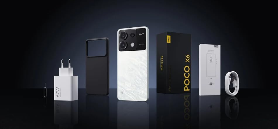 Contents of the XIAOMI Poco X6 5G retail box, including phone, charger, cable, and case