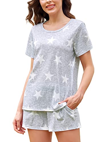 Ekouaer Womens Short Sleeve Pajamas Set Sleepwear Nightwear Star Pattern Bottom Lounge Nightgowns Pjs Sets(Light Grey White Star, Small) #TOP27