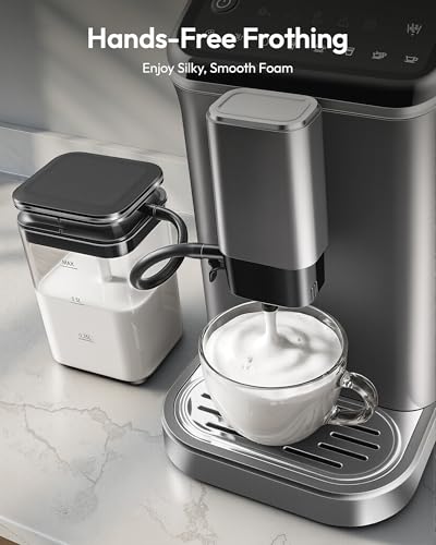 Image of EUHOMY Fully Automatic Espresso Machine, 20 Bar Coffee Maker with Grinder and Integrated Milk Frother, Automatic Espresso Machine with Touch Screen, 15-Grind Settings Coffee Machine for Home, Silver