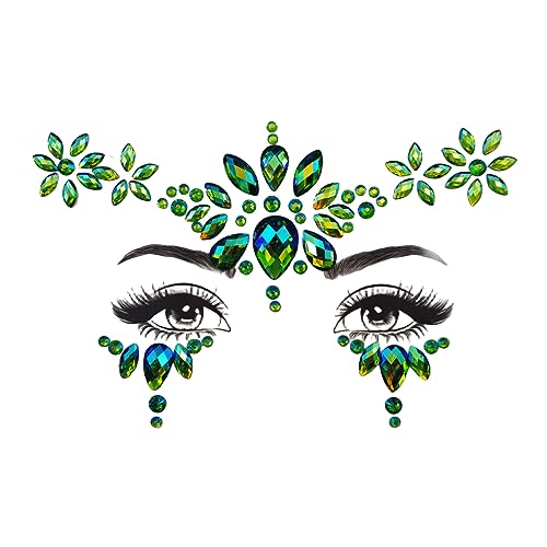 Green Face Gems Stickers for Makeup Self-Adhesive Rhinestone Face Jewels for Halloween Festival Party Rave Costume Glitter Body Gems for Cheek (Green-Necklace)