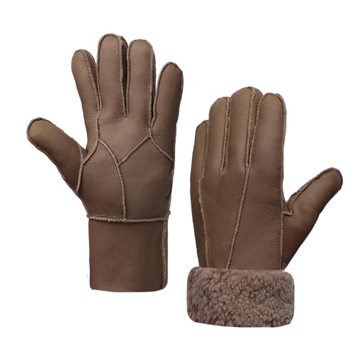 MGGMOKAY Gants en cuir pour hommes,Gants chauds d'hiver doublés de fourrure,Marron,S