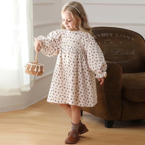 AWIBMK Girls Floral Long Sleeve Dress Loose Fit Ruffle A-line Midi Spring Fall Casual Party Dress3