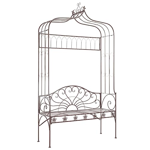 QZZCED Banc de jardin en fer forgé marron vieilli 122 cm, chaise en métal pour extérieur avec aspect ancien et décoratif, large zone d'assise confortable,...