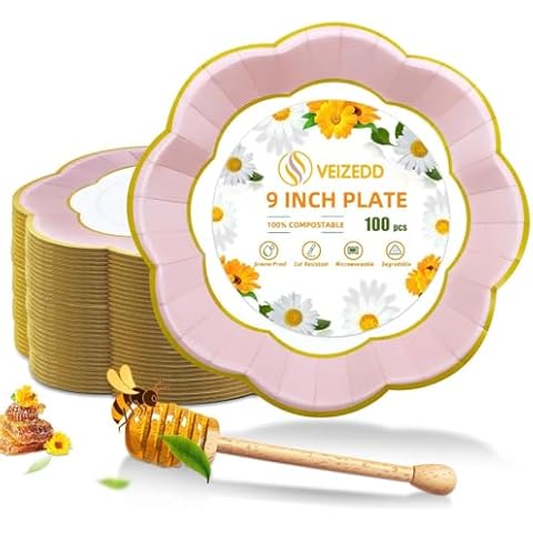 VEIZEDD 100 PCS Pink Paper Plates 9 Inch - Pink and Gold Plates Microwave-Safe Pink Party Plates for Birthday, Wedding,Baby Shower. Cover