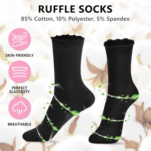 Image of MORECOO 6 Pairs Socks for Women, Cute Ruffle Frilly Ankle Socks, Cotton Lace Crew Socks for Mary Jane Shoes, 6 Pack