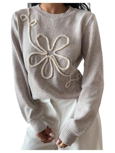 Image of RoseSeek Women's 3D Floral Appliques Crewneck Sweaters Long Sleeve Drop Shoulder Pullovers Elegant Knit Tops
