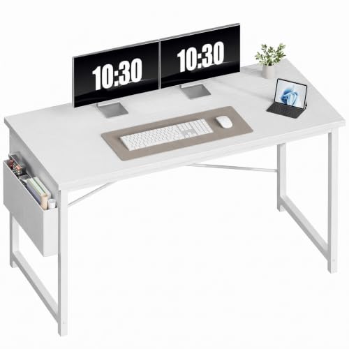 Image of OLIXIS Computer Desk, 55 Inch Gaming Desks for Home Office Small Spaces | Writing Study Craft Work Table, Computer Workstation for Bedroom with Storage Bag, All White