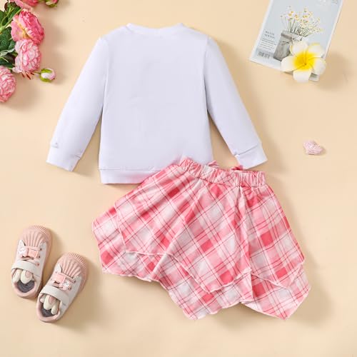 Image of GRNSHTS Baby Girl's Two Piece Outfit Long Sleeve Crew Neck Big Sis T Shirt with Plaid Denim Print A Line Mini Floral Skirt 1-5 Years