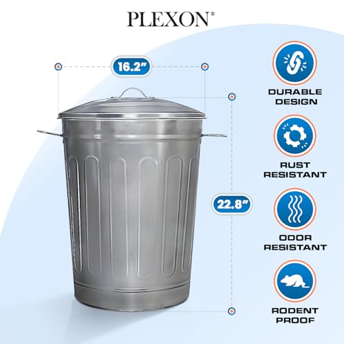 Image of Plexon 13 Gallon Outdoor Metal Trash Can with Lid Vintage Trash Can Steel Retro Garbage Can for Patio Farmhouse Rustic Bird Seed Storage Pet Food Ash Bucket, Galvanized Steel 6 Pack