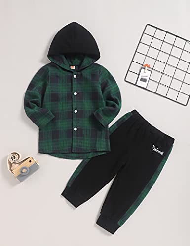 Image of Fuermos Toddler Baby Boys Clothes Flannel Lattice Button Down Hooded Tops +Pants Boys Fall Winter Outfits