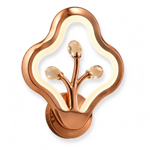 Image of Modern LED Wall Light | 3 Color Changing Rose Gold Decorative Wall Lamp for Living Room, Bedroom & Hallway | Crystal Accent Indoor Sconce with Warm, Neutral & Cool White Lighting