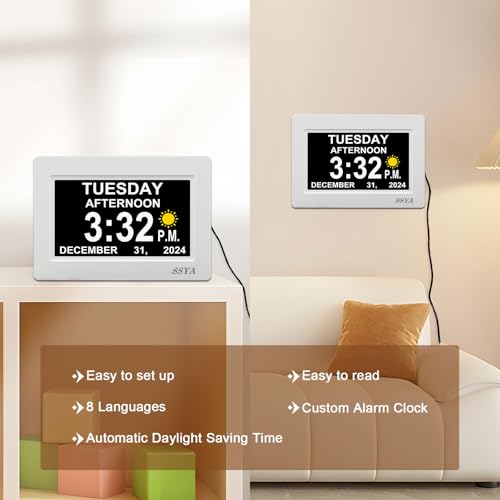 Image of SSYA Digital Calendar Alarm Day Clock - 12 Alarm Options, Level 5 Auto Dimmable, Dementia Clocks for Vision Impaired, Elderly, Memory Loss Clock with Non-Abbreviated Clock with Date and Day (7 inch)