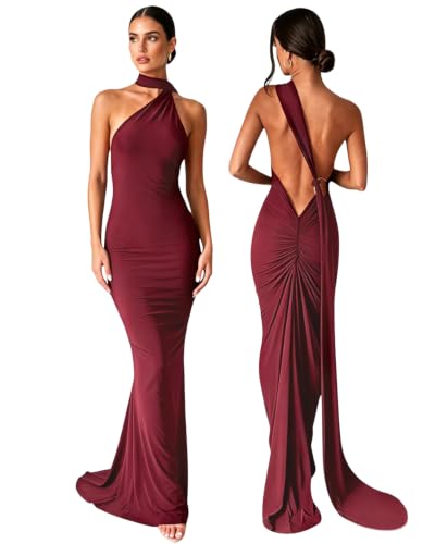 Image of Suillty Women's Sexy Oblique Shoulder Backless Maxi Dress Ruched Back Strap Sleeveless Party Club Long Dresses Bodycon
