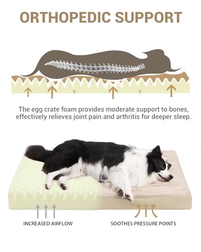 Image of KSIIA Orthopedic Dog Bed for Extra Large Dogs with Waterproof, Khaki, 47x29 | Deluxe Soft Plush Dog Crate Bed, Washable Pet Mat with Removable Cover & Egg Crate Foam for Extra Large Dogs Sleeping