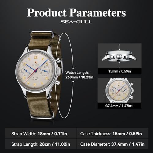 SEA-GULL Men's Mechanical Wristwatch, 1963 Aviation Chronograph Pilot Mechanical Watch, Manual Winding, GD 1963 International Edition, ST1901, Yellow, strap