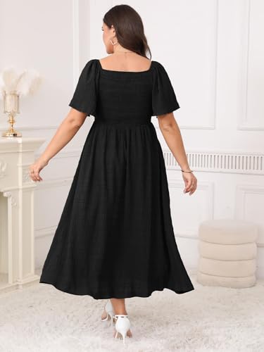 Image of Plus Size Casual Maxi Boho Dress for Curvy Women Short Sleeve Square Neck Smocked Summer Beach Dresses Button Down