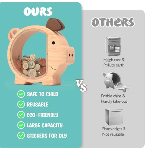 Image of Piggy Bank for Kids Boys,Natural Kids Piggy Bank with Creative DIY Stickers