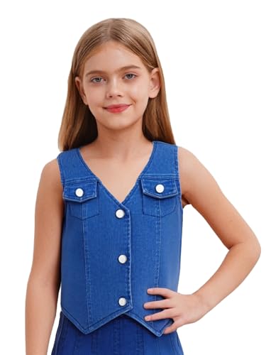 FEESHOW Girls Kids V-neck Denim Vest Sleeveless Button-down Jacket Waistcoat Outerwear Casual Daily Wear For 6-16 Years