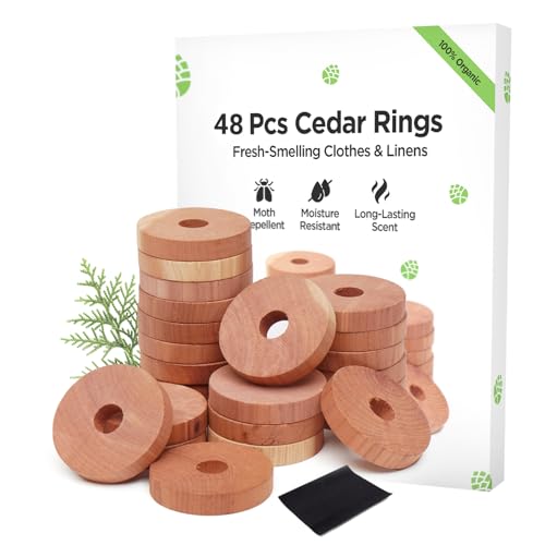 Moth Repellent for Wardrobes 48 Cedar Rings for Clothes Drawers Storage Boxes - 100% Natural Cedarwood Moth Repellent Aromatic Insect Repellent & Moth Killer Cedar Wood Rings - Sandpaper Included