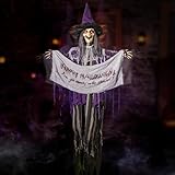 Halloween Animatronics 5ft Hanging Witch, 60inch Floating Animated Witch Decorations with Banner, Sound Activated, Creepy Voice, Light Up Eyes, Scary Move, Spooky Horror Prop for Indoor, Outdoor