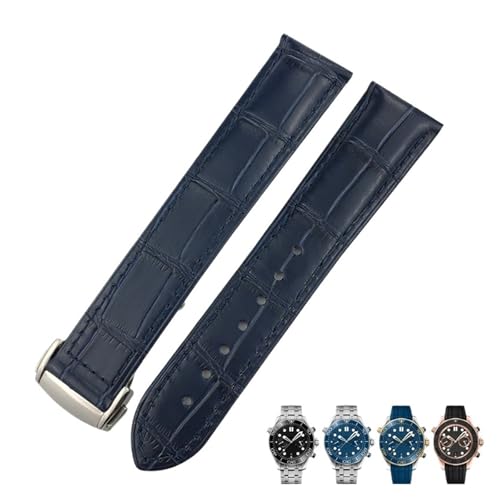 BUDAY Correa De reloj De cuero 18mm 19MM 20mm 22mm apta para Omega Seamaster 300 De Ville AT150 Moonswatch Speedmaster correa De reloj(Blue-Round buckle,21MM)
