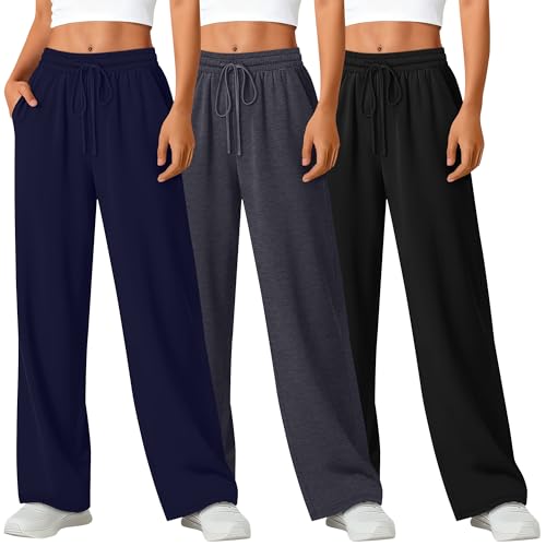 3 Pack Women's Wide Leg Pants, Casual Flowy Drawstring Trousers Elastic High Waisted Palazzo Pants with Pockets