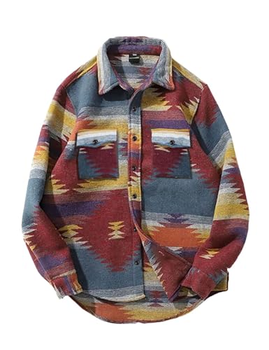 Image of FindThy Men's Brushed Flannel Shirts Ethnic Aztec Print Button Up Lapel Tribal Shirt Jacket Shacket