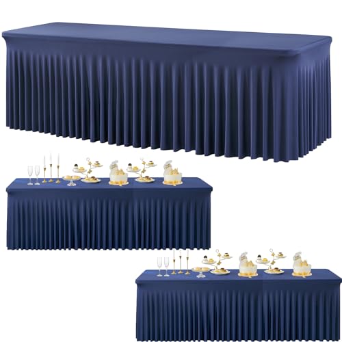 Image of 3 Packs Navy Blue Spandex Tablecloths for 8 Foot Rectangle Tables, Stretchy Fitted 8FT Blue Table Skirt for Wedding Party, Wrinkle Free Tablecloths for Banquet Wedding Birthday Party