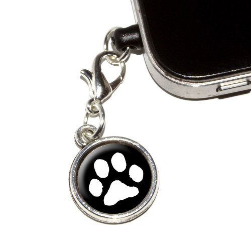 Paw Print - Pet Dog Cat - White on Black Universal Fit 3.5mm Earphone Headset Jack Charm Anti-Dust Plug fits Mobile Cell Phone iPhone iPod iPad Galaxy