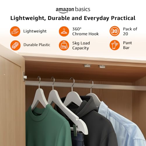 Image of Amazon Basics Plastic Hangers - Grey Color, Chrome Hook, Glossy Finish, Pant Bar, Lightweight Design, 5kg Load, Pack of 20 (Size: 44 L x 23 H x 1 W cm)
