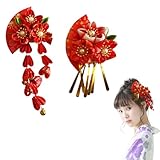 和装 髪飾り 扇型 2点セット ヘアクリップ 花 中華風 漢服 浴衣 和装 ヘアアクセサリー ヘッドドレス 子供髪飾り 入学式 卒業式 七五三 夏祭り 花火大会 (レッド A)