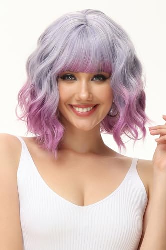 Image of Rose bud Wavy Bob Wig with Bangs Natural Light Purple to Rose Wig Synthetic Hair Shoulder Length Short Curly Wigs for Women