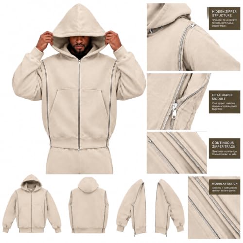 Mens Waffle Zip Up Hoodies Interchangeable Zipups Loose Pullover Sweatshirt - image 5
